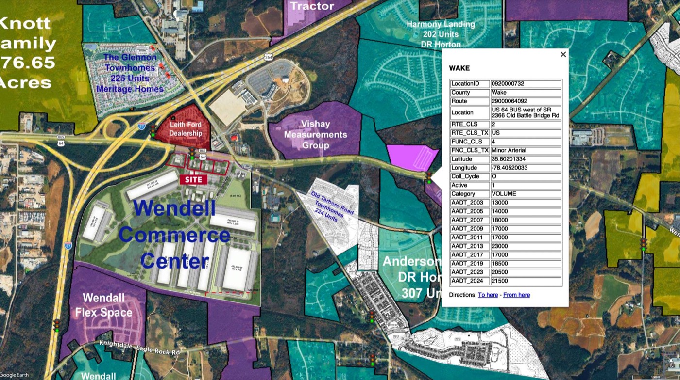VMAP traffic counts at major intersections with developments and site plans, Wendell, North Carolina