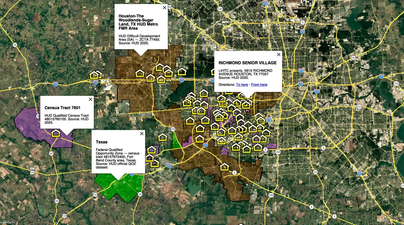 VMAP opportunity zones, HUD qualified census tracts, difficult development areas and LIHTC properties, Houston, Texas
