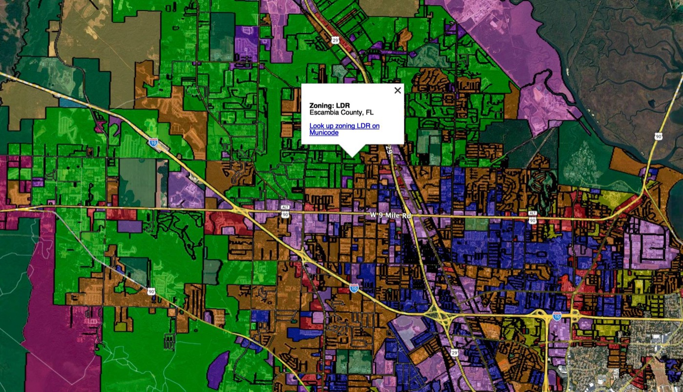 VMAP zoning districts with municode lookup links, Escambia County, Florida